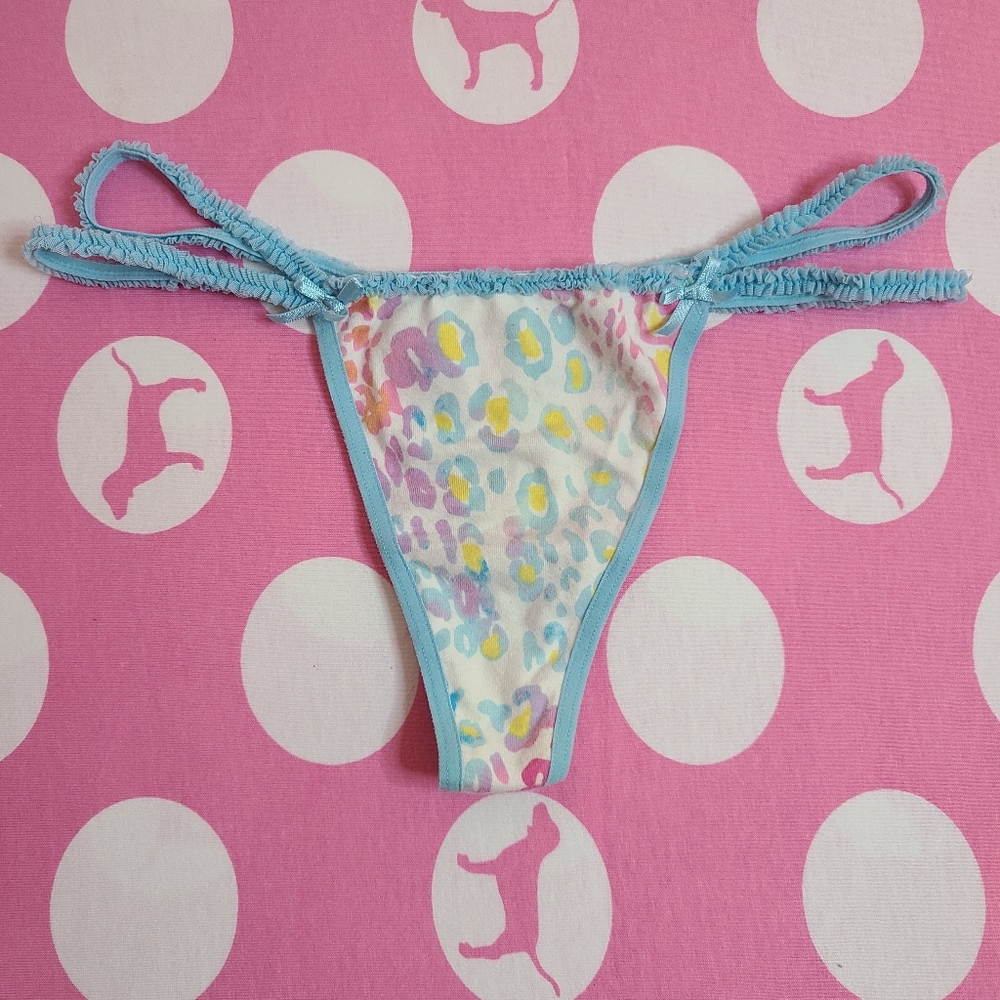 Rare VTG VS PINK Graphic Cotton Ruffle Double String Thong Panty Size Sm